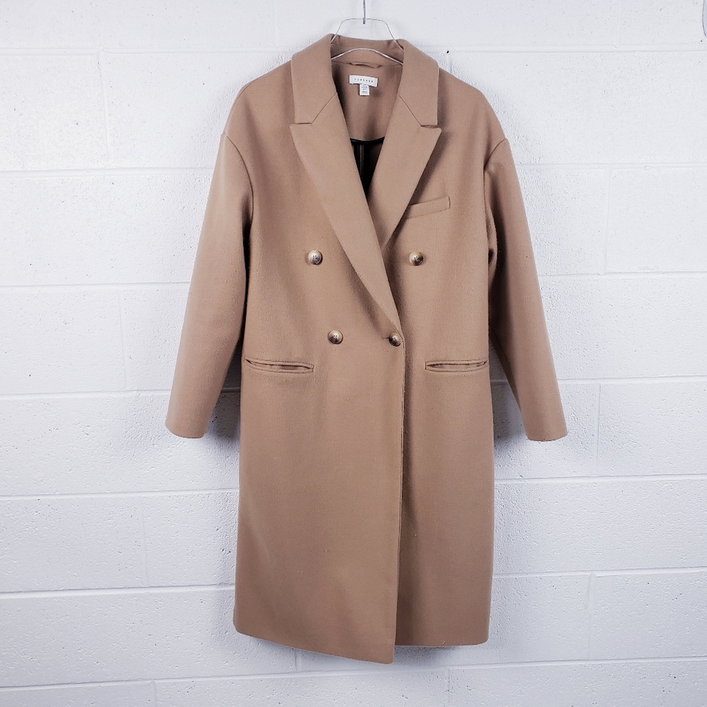 TopShop Double-Breasted  Long Trench Coat Camel Tan Longline‎ Oversized Size 8